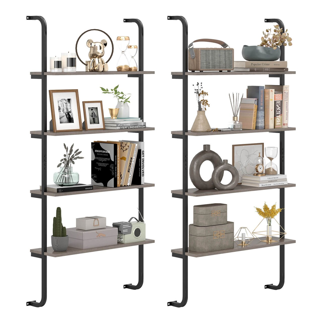 Costway 1/2 PCS 4-Tier Wall-mounted Ladder Shelf Display Bookshelf with Heavy-duty Metal Frame